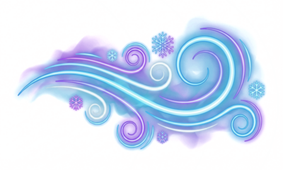 Light air curve through neon fog. Winter gust flows in elegant swirl line. Vector swoosh shows controlled clean movement. Cold wind ripple adds festive design style