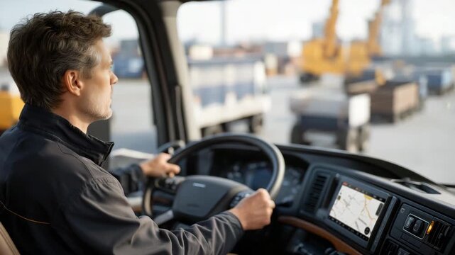 Trucker navigating a busy industrial area with digital navigation tools on the dashboard &mdash; blending tradition with modern technology to show how professional drivers embrace smart logistics, GPS