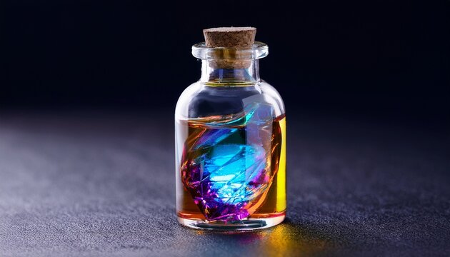 glass potion bottle with gemstone and colorful liquid inside vial
