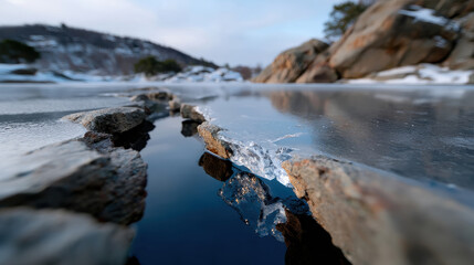 Fototapeta premium A captivating view of ice formations amidst rocky terrain, reflecting the serene landscape, highlighting the beauty of nature in a peaceful winter setting.