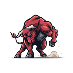 Powerful bull mascot, rendered in a dynamic flat 2D vector illustration style, stands aggressively, stomping the ground and ready to charge on a clean, isolated white background.
