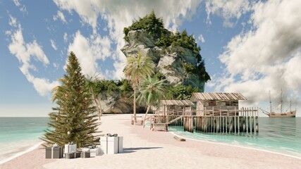 Tropical Christmas Tree with Gifts on Beach, Holiday Paradise Scene