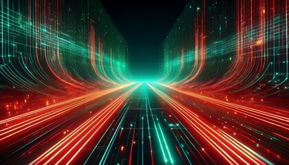 red and green glowing lines forming a grid with binary code data stream flowing on futuristic cyberspace network
