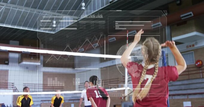 Player number 7 raising arms and jumping to spike in volleyball while HUD analytics tracking return