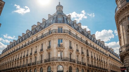 Fototapeta premium A classic Parisian building with colonial architecture and ornate design, featuring an iconic roof and stone facades, under a blue sky with white clouds.