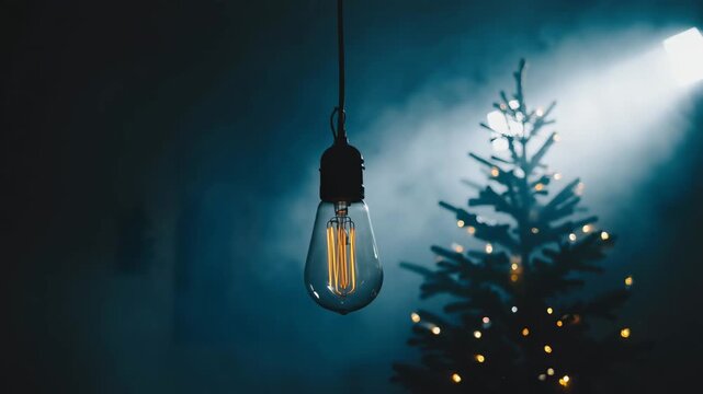 Vintage light bulb illuminated on dark background with christmas tree and smoke, cinematic motion of classic Edison lamp turning on and off in mystical ambiance footage