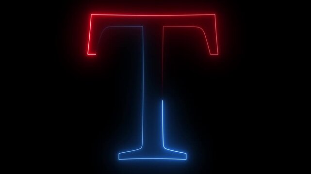 Glowing neon capital letter alphabet T animation. Purple and blue neon font letter "T" on black background. Educational concept