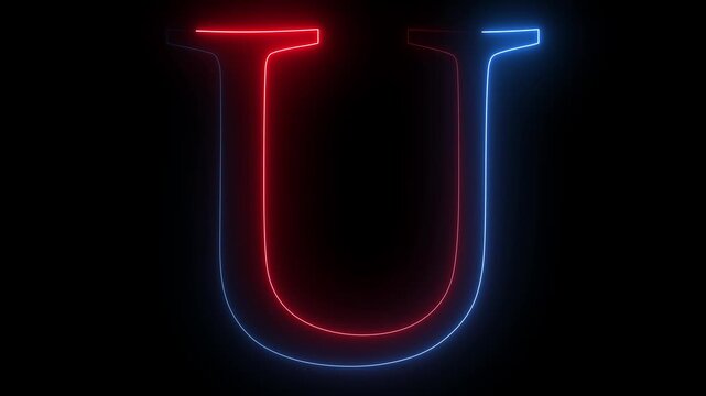 Glowing neon capital letter alphabet U animation. Purple and blue neon font letter "U" on black background. Educational concept