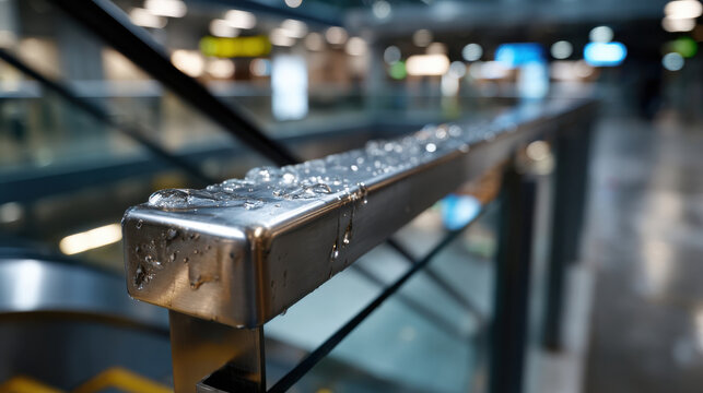 A close-up of a stainless steel handrail with water droplets, highlighting the contrast between modern materials and natural elements in a well-lit interior space.