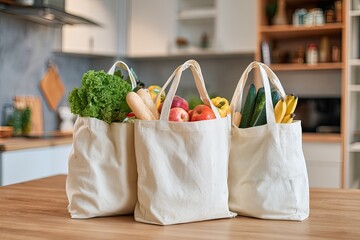 Grocery bags filled with produce on a wooden table in bright kitchen