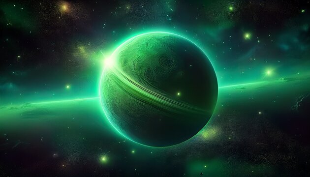 green planet in a nebula a cosmic scene with radiant green stars generative ai - Powered by Adobe