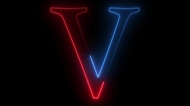 Glowing neon capital letter alphabet V animation. Purple and blue neon font letter "V" on black background. Educational concept