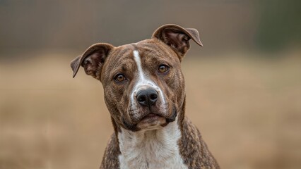 Dog portrait outdoor with a focused expression, close-up, showing the details of the face and ears.
