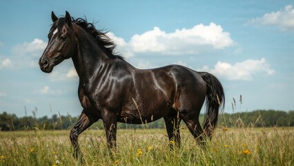 Fototapeta premium A black horse running in a grassy field with blue sky and clouds, focusing on the animal's motion and natural environment.