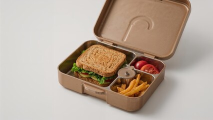 A lunchbox containing a sandwich, an apple, French fries, and a small container with a key inside.
