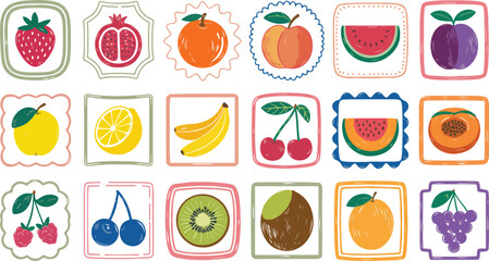 Summer Fruit Icon Set Vintage Hand Drawn for Stickers Packaging and Logo Design Editable Template
