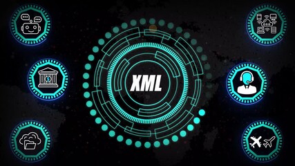 XML Data Structure HUD with Tagged Hierarchy Rings, Schema Mapping Layers, and Intelligent Digital Document Parsing Visualization
