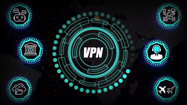 Secure VPN HUD Interface with Encrypted Network Tunneling Rings, Cyber-Protection Layers, and Real-Time Digital Privacy Routing Visualization