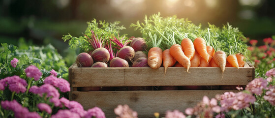 Fresh vegetables in a wooden crate surrounded by flowering plants will emphasise environmental friendliness and serve as the main backdrop for advertising healthy eating and farmers' markets.