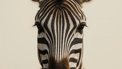 Obraz premium Close-up of a zebra's face showing black and white striped patterns and animal features.