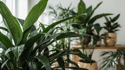 Obraz premium Lush indoor plants with large green leaves in a cozy home setting. Greenhouse and plant care, environment, nature, and home decor. The concept of indoor gardening and greenery.