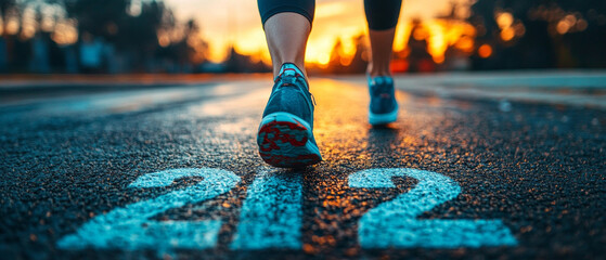 The runner's legs confidently cross the finish line on the asphalt at sunset, embodying the pursuit of a goal — an inspiring backdrop for motivational posts about sport and self-improvement.