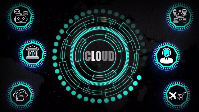 A CLOUD-enabled HUD visualization expressing distributed architecture, elastic compute cycles, synchronized data transitions, and fluid network orchestration in motion
