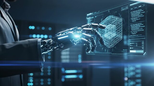 Bionic Hand Taps Digital Futuristic Holographic Display Interface