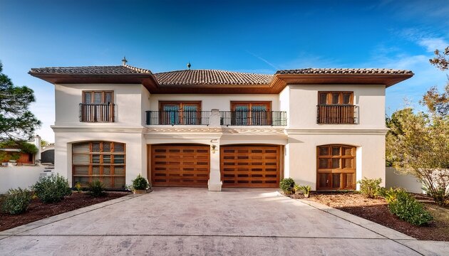lujosa villa americana de tipo espanol con dos plantas con fachada blanca tejados clasicos y garaje con puertas de madera y ventanas con contraventanas de madera