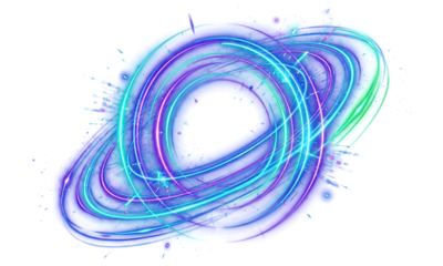 Neon glowing rings with orbit effect and radial flare. Futuristic digital halo in dark space. Ideal for sci-fi design, UI interface, cosmic backgrounds, vibrant tech posters and energy concept