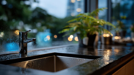 This image showcases a kitchen sink viewed from a rainy window, with droplets on the glass and a lush plant nearby, emphasizing a cozy and introspective atmosphere.