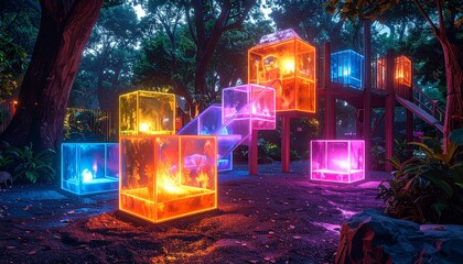 Futuristic playground glowing with multicolored lights at twilight, featuring geometric shapes and illuminated slide.
