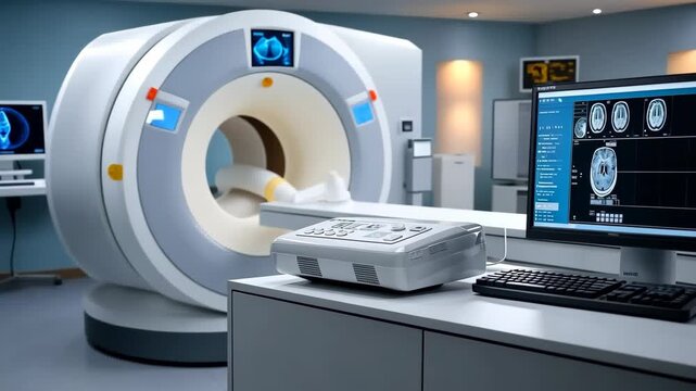 Medical imaging equipment in a hospital room with CT scanner and computer display showing brain scans