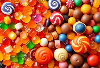 Fototapeta premium Colorful assortment of gummy candies, lollipops, and chocolates arranged artfully, vector, texture