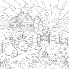 A coloring page of a rural agricultural scene featuring a quaint cottage, sheep, ducks, rooster, and pond.