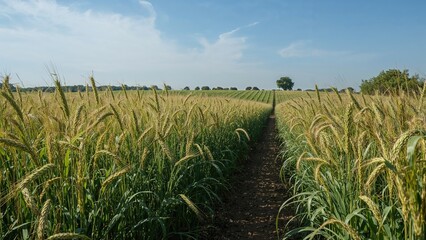 Fototapeta premium Field of tall grain crops with a dirt path running through the middle during daytime. Agriculture and farming, landscape, nature.