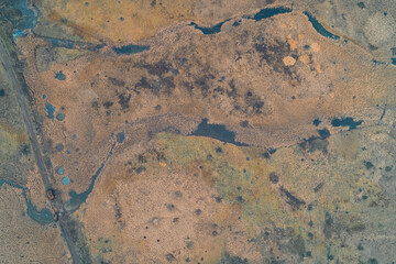 Abstract natural pattern of vast marshlands and swamp terrain with winding blue streams and dry reeds showing environmental degradation aerial view