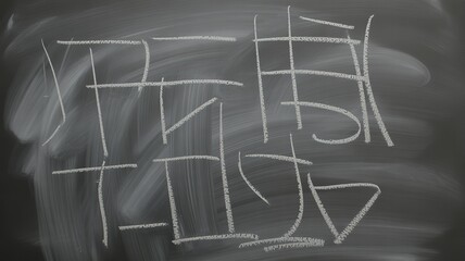 Abstract geometric shapes and lines drawn in white chalk on a dark gray classroom blackboard surface background