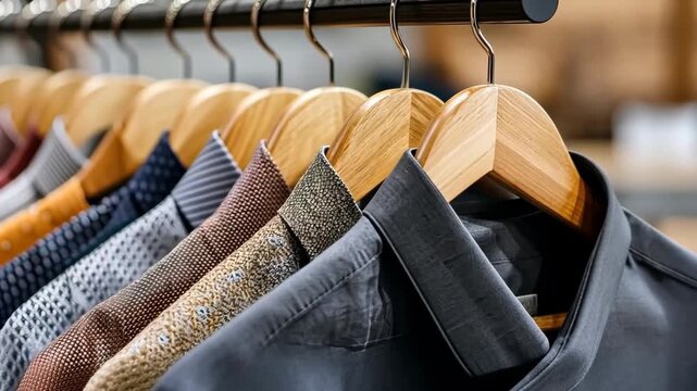 Shirts hanging on a rack in a store with a clear setup for shopping