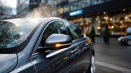 This picture portrays a silver car adorned with condensation in a bustling city, capturing the essence of modern life amid weathered streets and atmospheric charm.