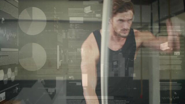 Male athlete gripping ropes, whipping larger faster waves in gym while HUD charts tracking fitness