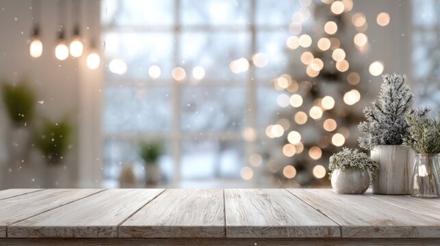 Empty White Wood Table Top with Abstract Warm Living Room Decor and Christmas Tree String Lights Blur Background with Snow, Holiday Backdrop, Mockup Banner for Product Display