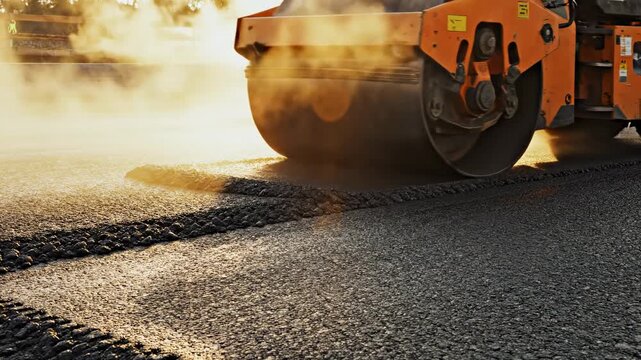 Heavy steamroller compacting hot asphalt during road construction paving