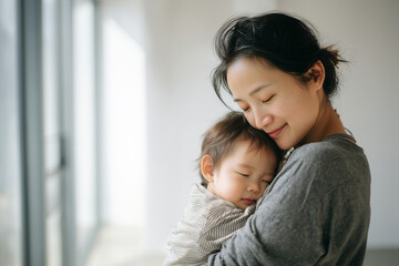 Young Asian mother holding sleeping baby in her arms showing love comfort and gentle bonding at home