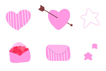 Set of Valentine's Day clipart.Hand drawn cute element in pink with hearts, mail and stars design for decoration.Doodle icon illustration.