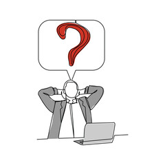Continuous single line sketch drawing of thinking man with questions mark speech bubble. One line art of business man thinking idea. Vector illustration editable stroke