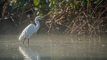 A white heron standing in shallow water with reeds and vegetation in the background.