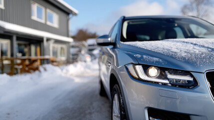 Obraz premium A close-up view of a snow-covered car parked in a tranquil residential area, highlighting the contrast between the sparkling snow and the bright blue winter sky above.