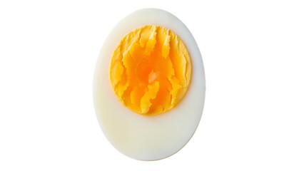 Hard-boiled egg cut in half showing the yellow yolk and white exterior against a black background