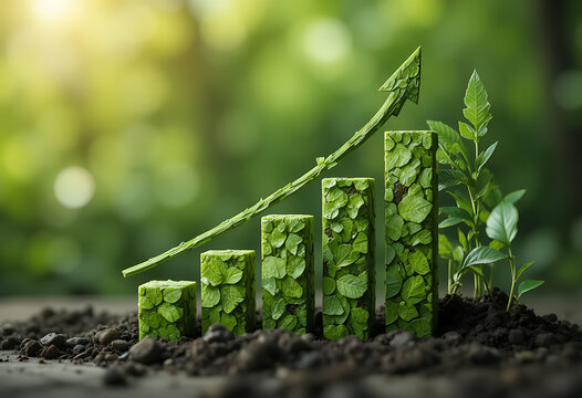 Green bars ascend, symbolizing sustainable business growth, environmental success, financial prosperity, and positive economic trend visualization. - Powered by Adobe
